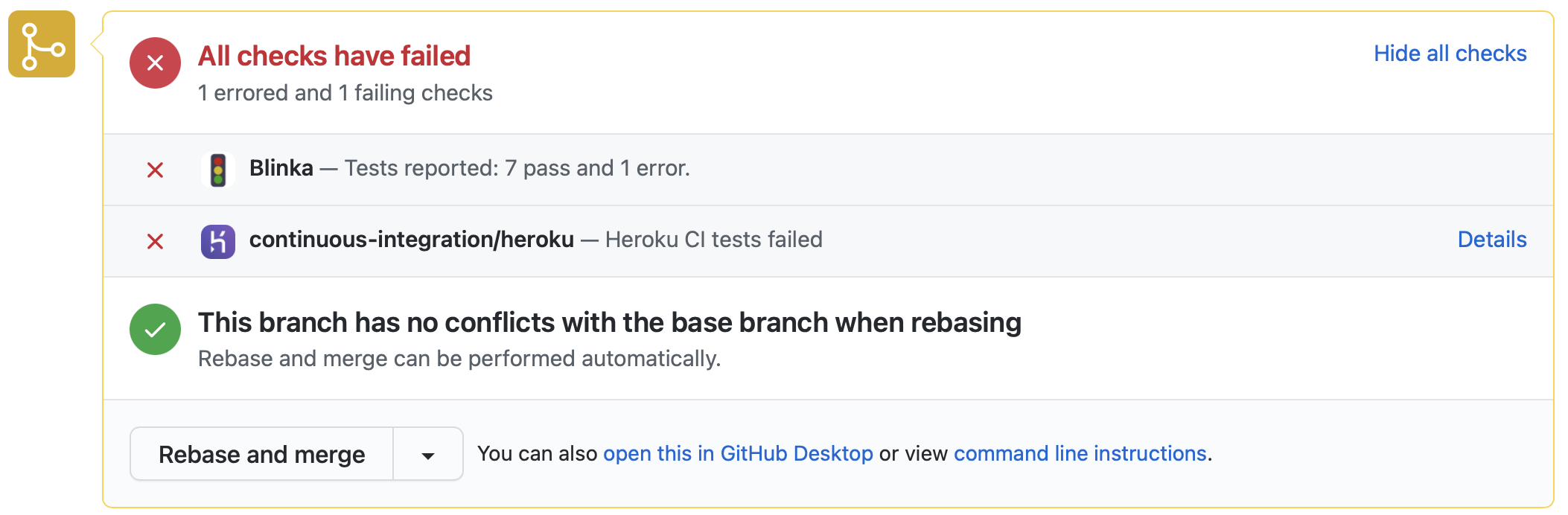 Blinka reports number of tests passed, failed or skipped as a Github Status.