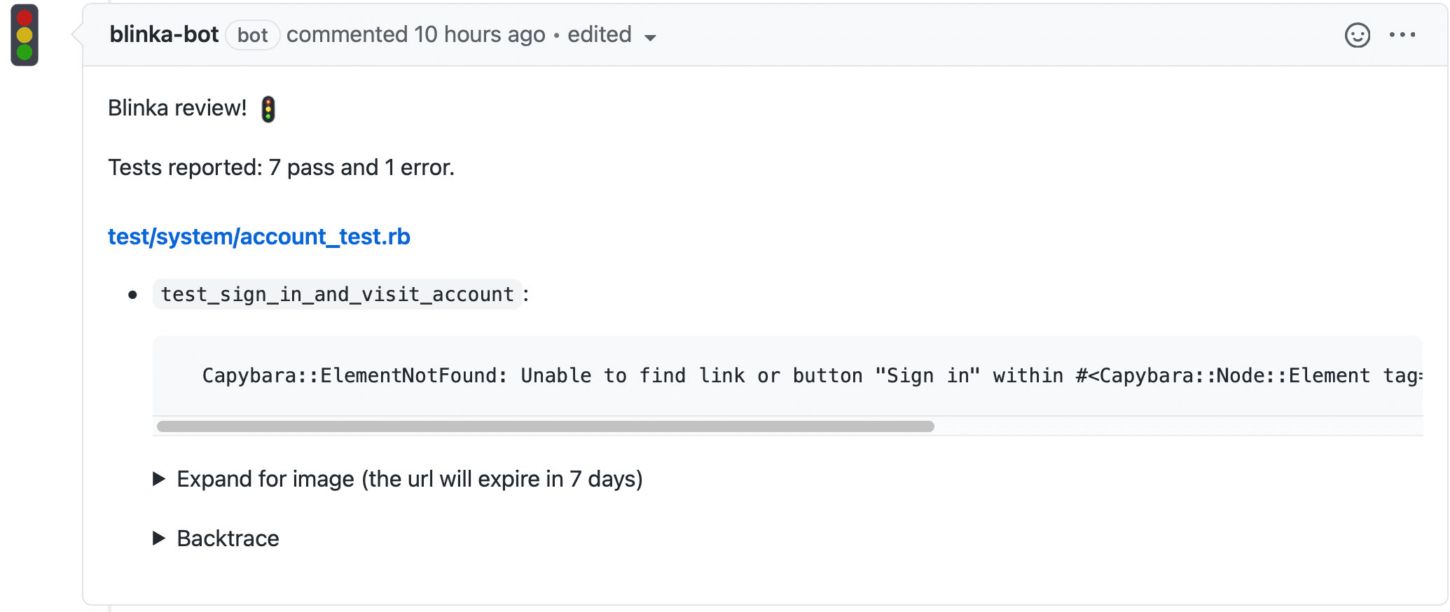 Blinka posts a comment on Github pull request with test results.