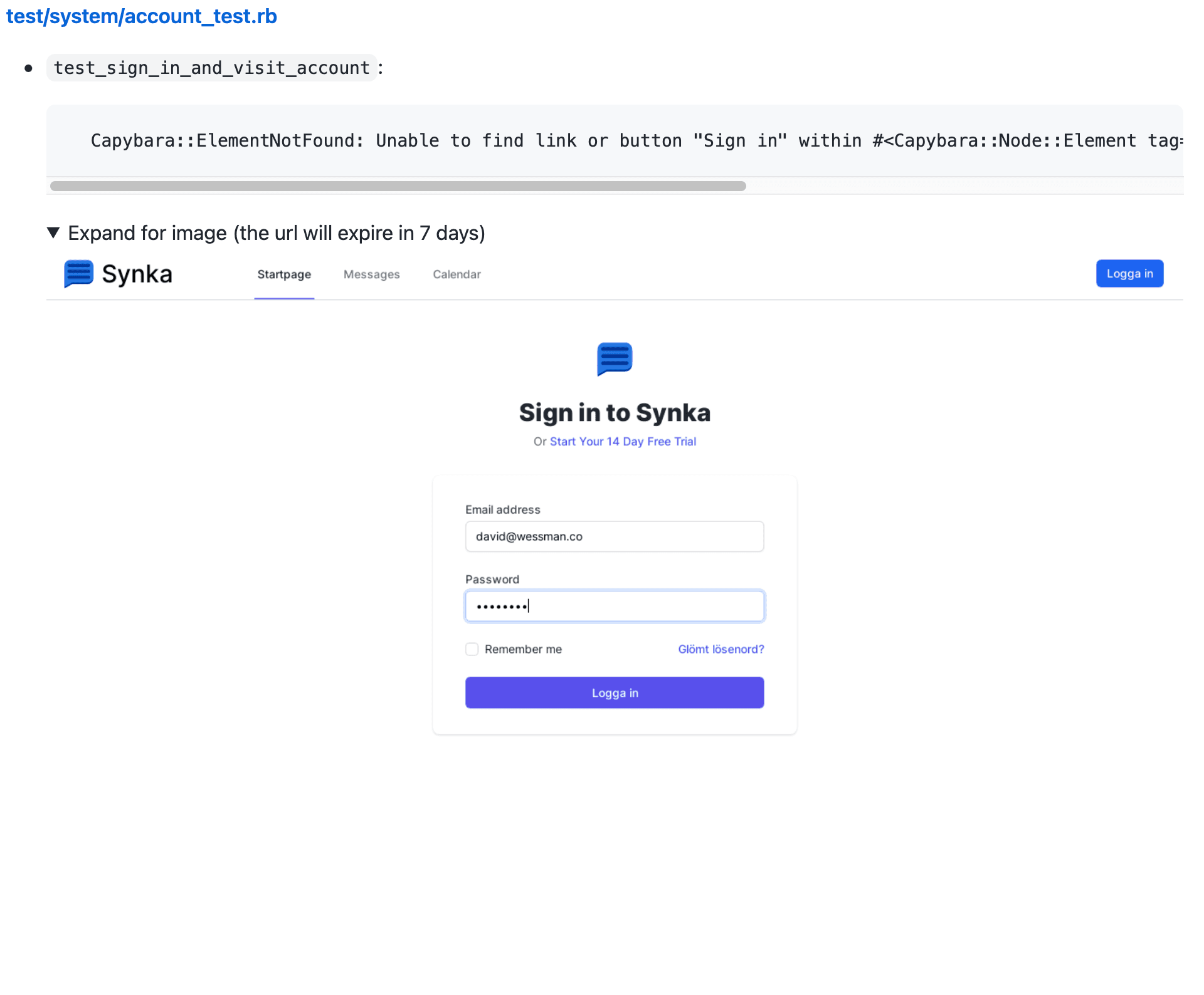 Blinka includes screenshot from failing test in the Github comment