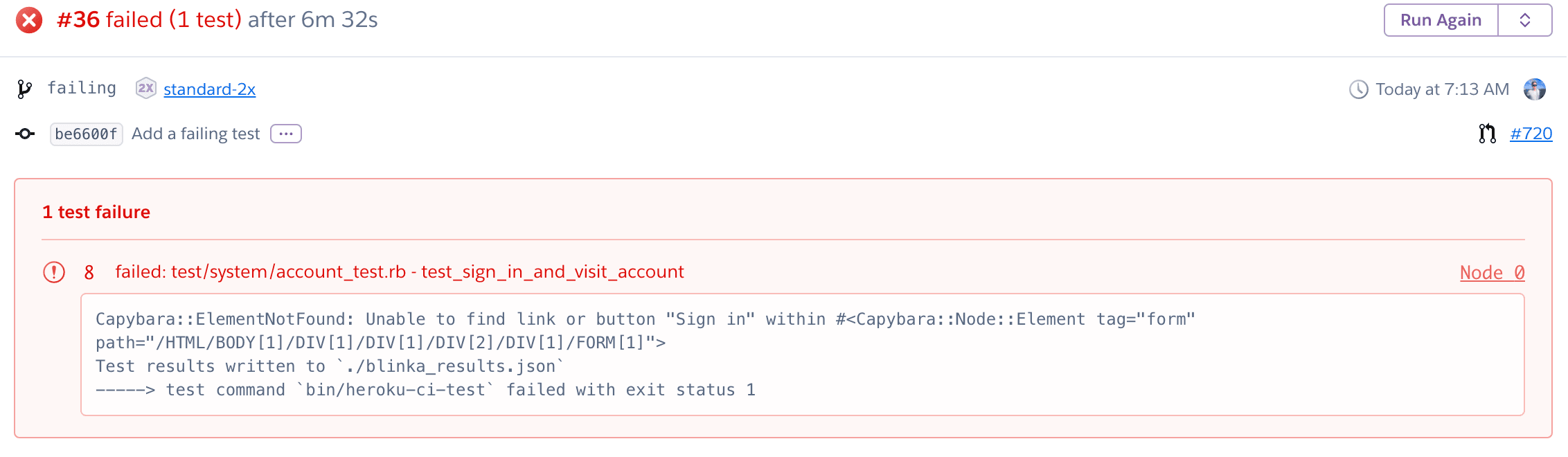 Test results in Heroku CI interface with one failing test