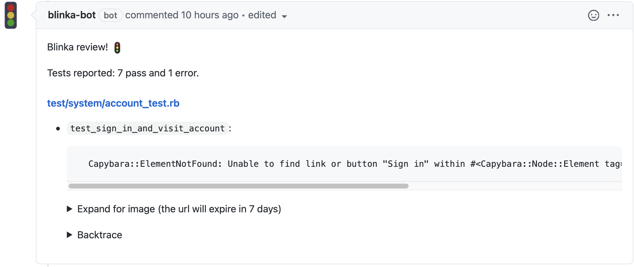 Blinka posts a comment on Github pull request with test results.