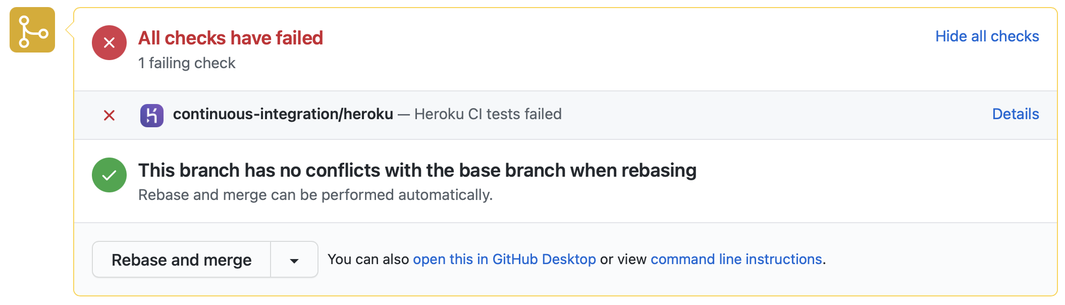Heroku status reported to Github without any test results, just pass or fail.